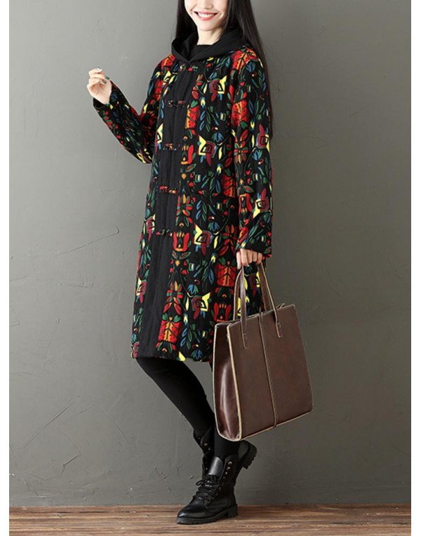 Folk Style Women Printed Patchwork Long Sleeve Hoo...