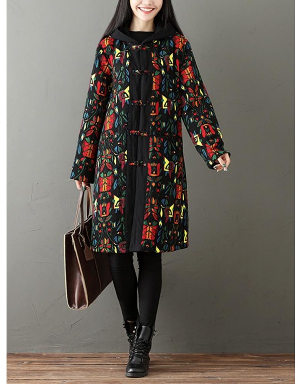 Folk Style Women Printed Patchwork Long Sleeve Hooded Thick Coats