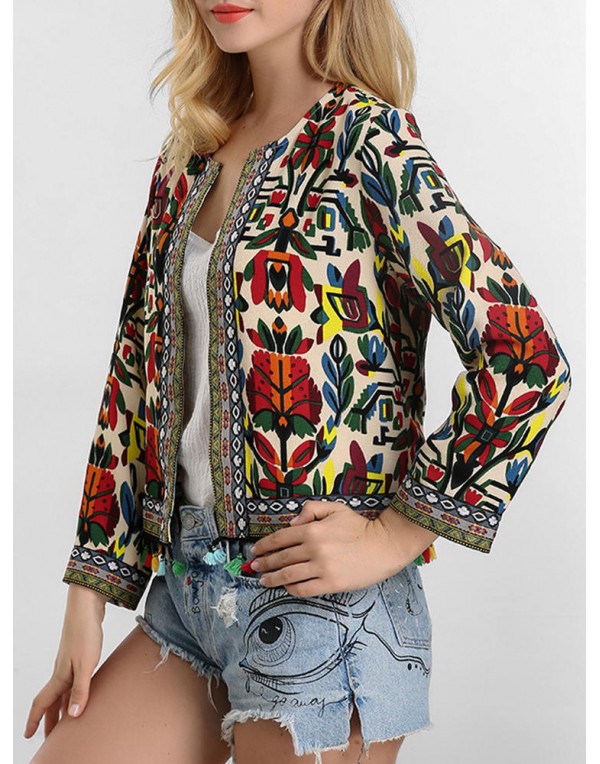 Vintage Women Floral Tassel Long Sleeve Open Front Cardigan