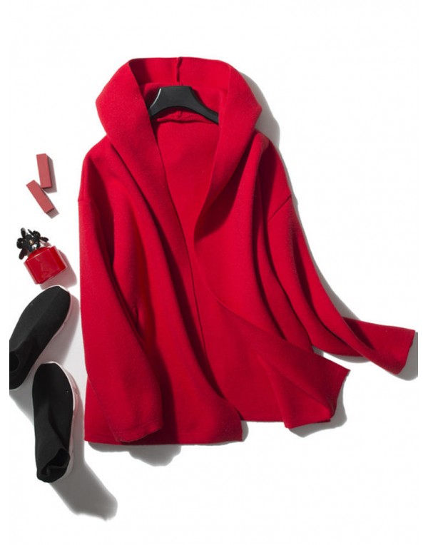 Casual Women Long Sleeve Solid Color Hooded Cardigan with Pockets