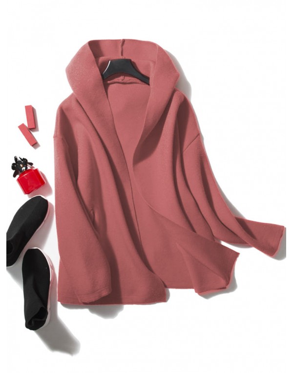 Casual Women Long Sleeve Solid Color Hooded Cardigan with Pockets