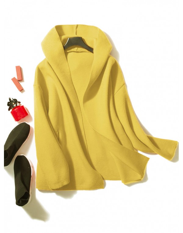 Casual Women Long Sleeve Solid Color Hooded Cardigan with Pockets