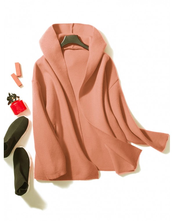 Casual Women Long Sleeve Solid Color Hooded Cardigan with Pockets