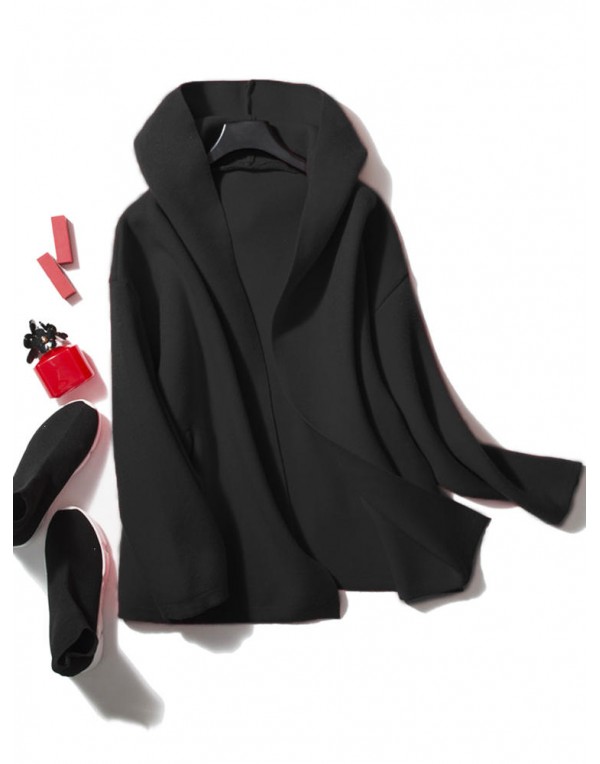 Casual Women Long Sleeve Solid Color Hooded Cardigan with Pockets