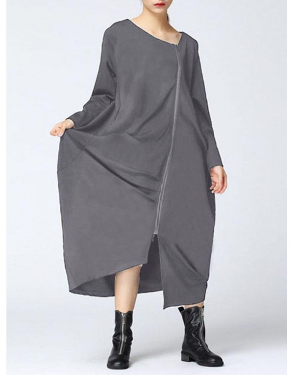 Casual Women Solid Color Long Sleeve Zip Up Asymmetrical Hem Coat