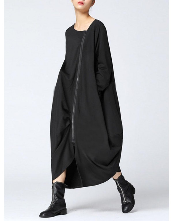 Casual Women Solid Color Long Sleeve Zip Up Asymmetrical Hem Coat