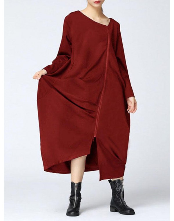 Casual Women Solid Color Long Sleeve Zip Up Asymmetrical Hem Coat