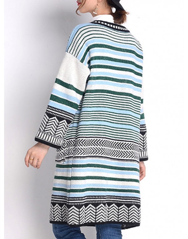 Women Long Sleeve Multicolor Stripe Double Pocket ...