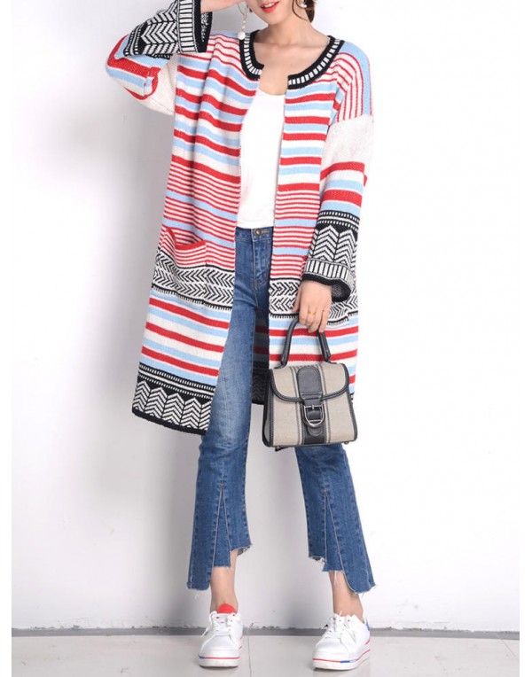 Women Long Sleeve Multicolor Stripe Double Pocket Knit Cardigan