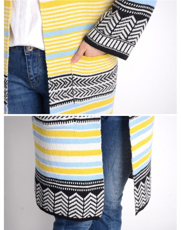 Women Long Sleeve Multicolor Stripe Double Pocket Knit Cardigan