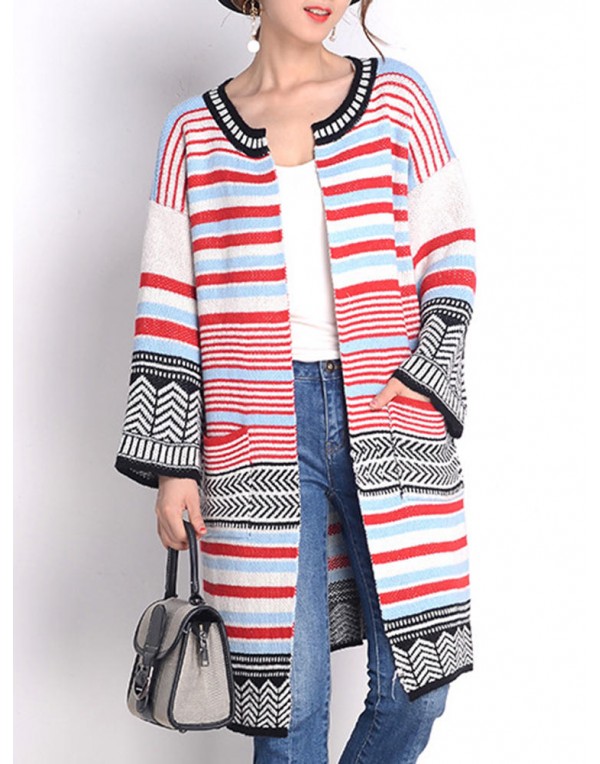 Women Long Sleeve Multicolor Stripe Double Pocket Knit Cardigan