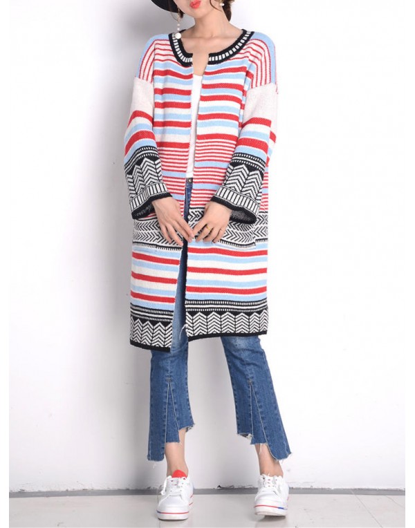 Women Long Sleeve Multicolor Stripe Double Pocket Knit Cardigan