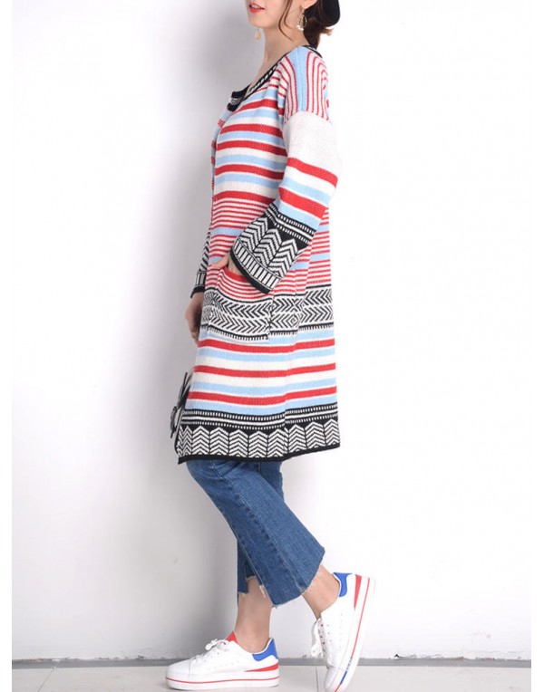 Women Long Sleeve Multicolor Stripe Double Pocket Knit Cardigan