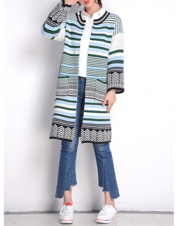 Women Long Sleeve Multicolor Stripe Double Pocket Knit Cardigan