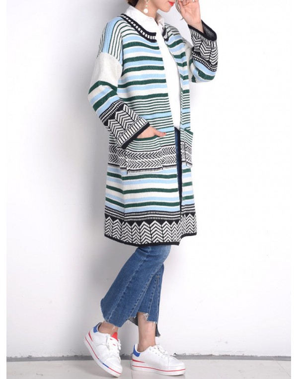 Women Long Sleeve Multicolor Stripe Double Pocket Knit Cardigan