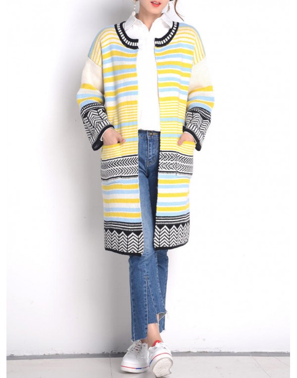 Women Long Sleeve Multicolor Stripe Double Pocket Knit Cardigan