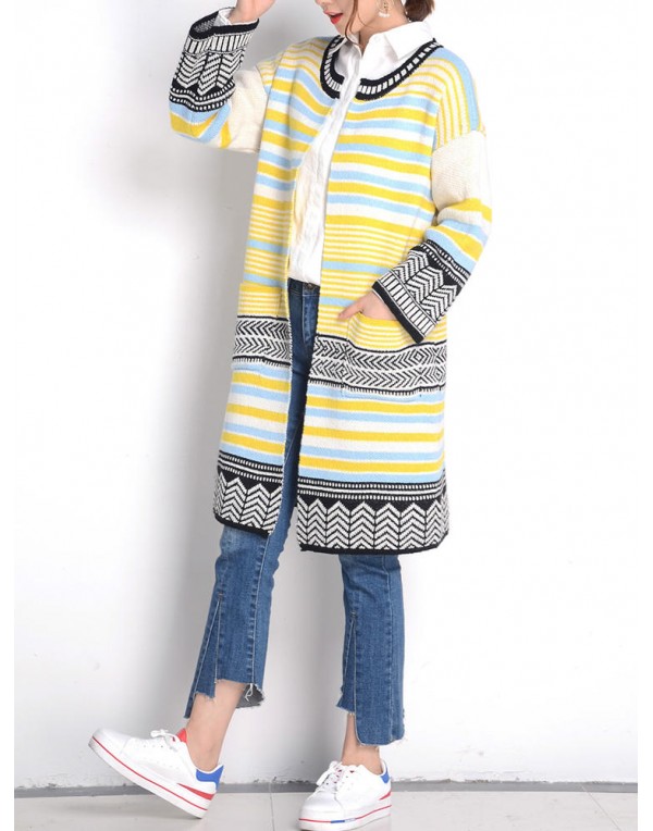 Women Long Sleeve Multicolor Stripe Double Pocket Knit Cardigan