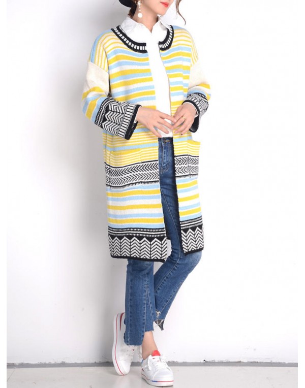 Women Long Sleeve Multicolor Stripe Double Pocket Knit Cardigan