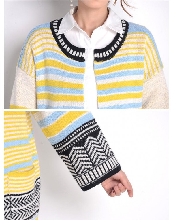 Women Long Sleeve Multicolor Stripe Double Pocket Knit Cardigan