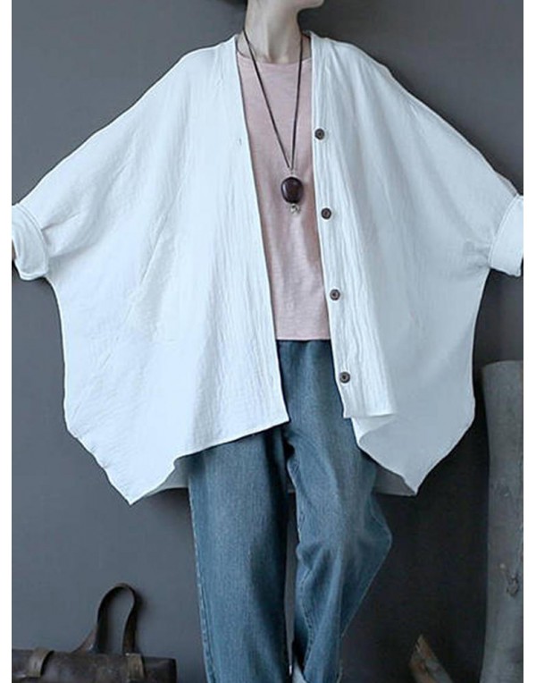 Casual Women Long Sleeve Solid Color Vintage Button Down Cotton Cardigan