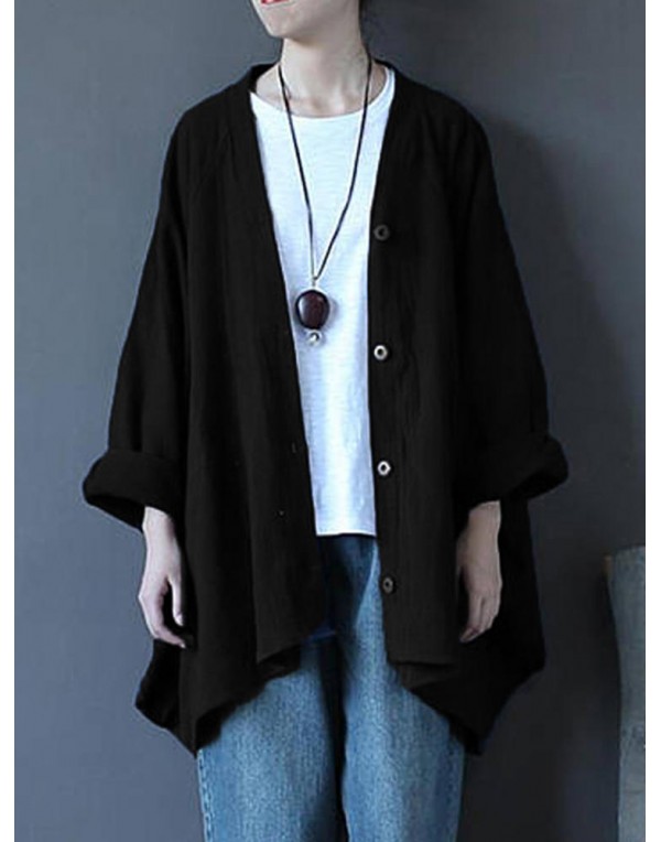 Casual Women Long Sleeve Solid Color Vintage Button Down Cotton Cardigan