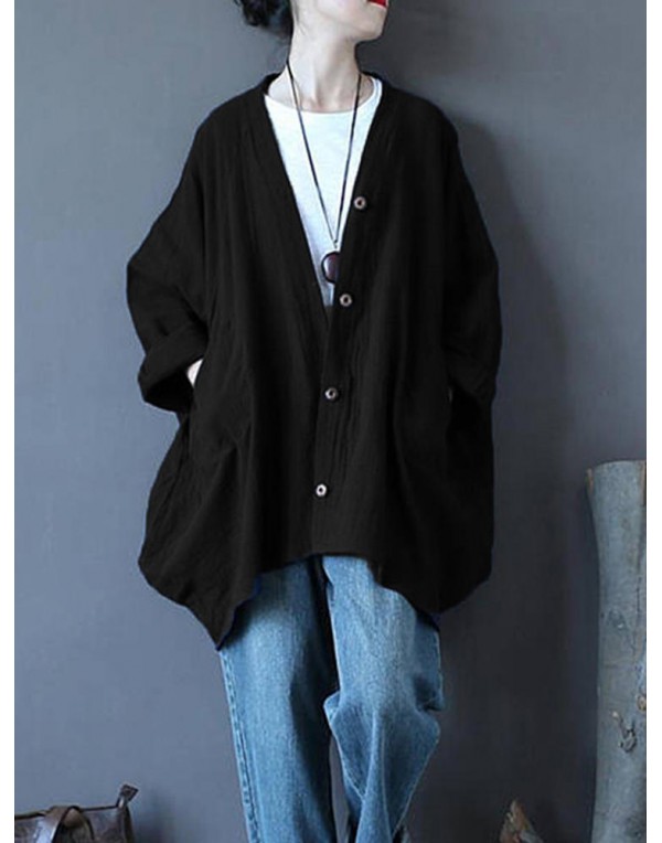 Casual Women Long Sleeve Solid Color Vintage Button Down Cotton Cardigan