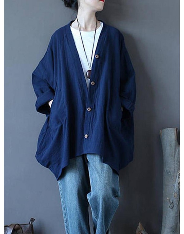 Casual Women Long Sleeve Solid Color Vintage Button Down Cotton Cardigan