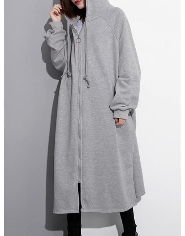 Casual Women Solid Color Zip Up Long Sleeve Split Hooded Coat