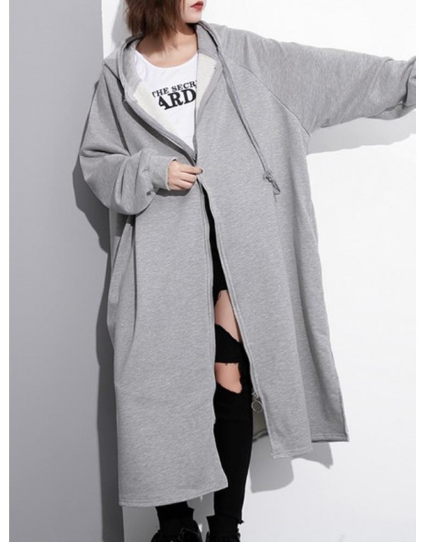 Casual Women Solid Color Zip Up Long Sleeve Split Hooded Coat