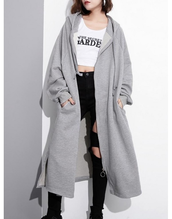 Casual Women Solid Color Zip Up Long Sleeve Split Hooded Coat