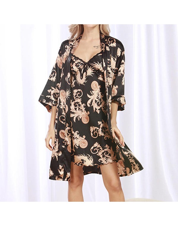 Silk Cardigan Printed Loose Comfortable Sleepwear Suit For Women