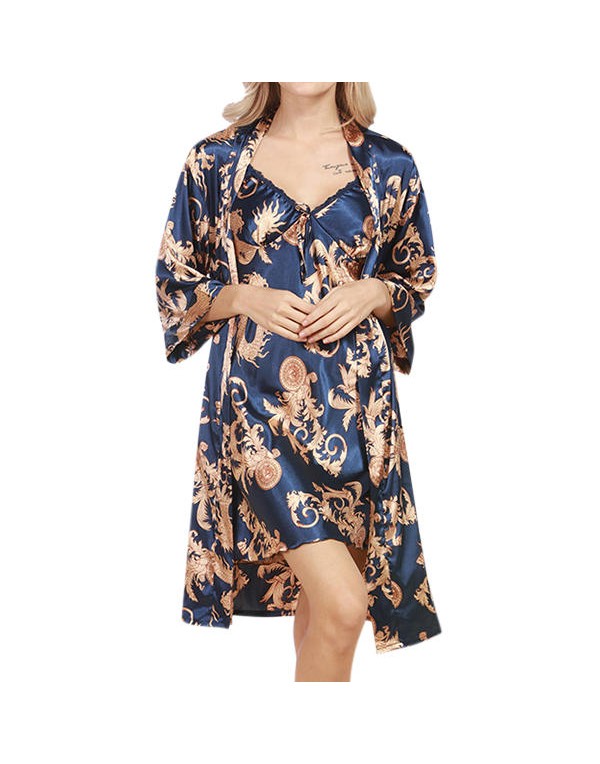 Silk Cardigan Printed Loose Comfortable Sleepwear Suit For Women