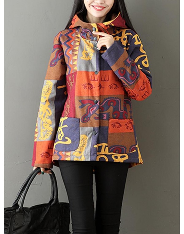 Ethnic Printing Long Sleeve Fleece Thick Women Hooded Coats