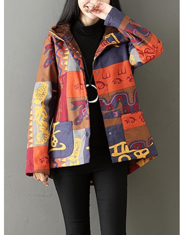 Ethnic Printing Long Sleeve Fleece Thick Women Hooded Coats