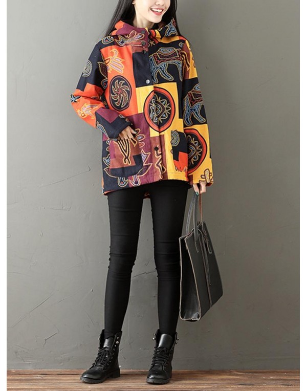 Ethnic Printing Long Sleeve Fleece Thick Women Hooded Coats