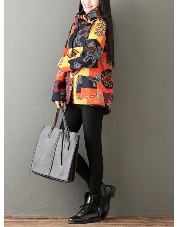 Ethnic Printing Long Sleeve Fleece Thick Women Hooded Coats