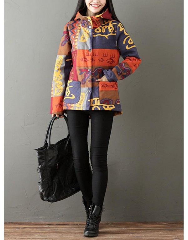 Ethnic Printing Long Sleeve Fleece Thick Women Hooded Coats