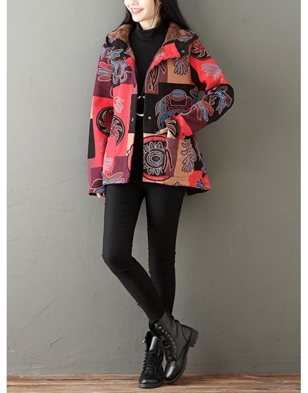 Ethnic Printing Long Sleeve Fleece Thick Women Hooded Coats