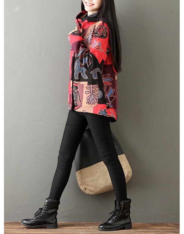 Ethnic Printing Long Sleeve Fleece Thick Women Hooded Coats