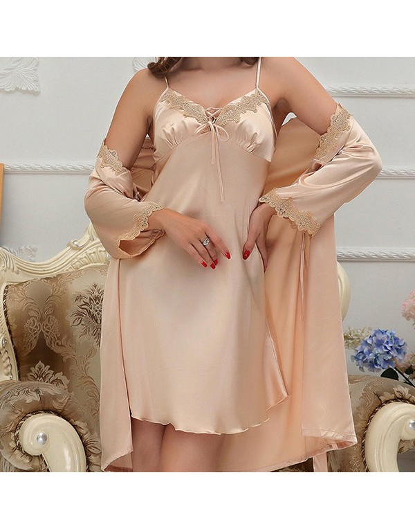 Soft Deep Plunge Lace-trim Silk Sleepwear Suit