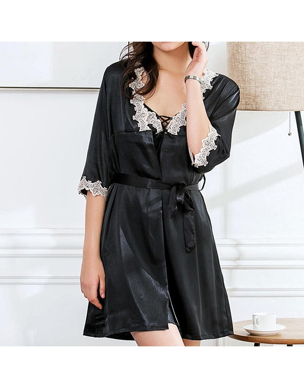 Soft Deep Plunge Lace-trim Silk Sleepwear Suit