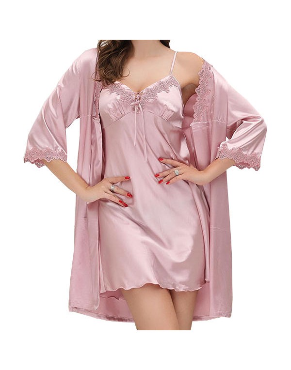 Soft Deep Plunge Lace-trim Silk Sleepwear Suit