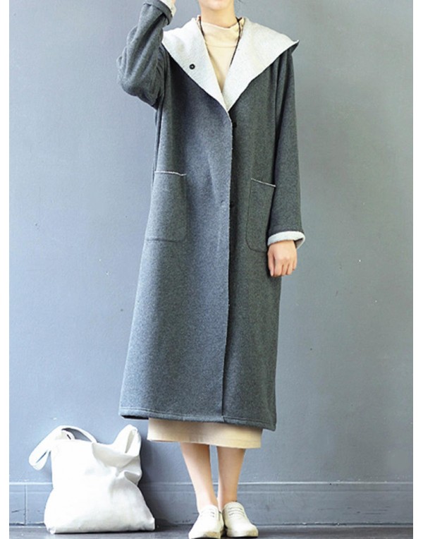 M-5XL Casual Women Full Sleeve Double Pocket Button Long Hooded Coat