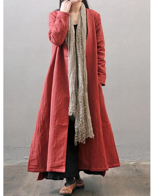 Vintage Women Long Sleeve Button Open Front Outwear Side Split Maxi Coats