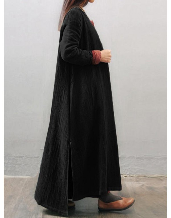 Vintage Women Long Sleeve Button Open Front Outwear Side Split Maxi Coats