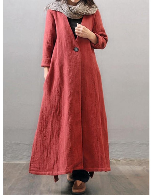 Vintage Women Long Sleeve Button Open Front Outwear Side Split Maxi Coats