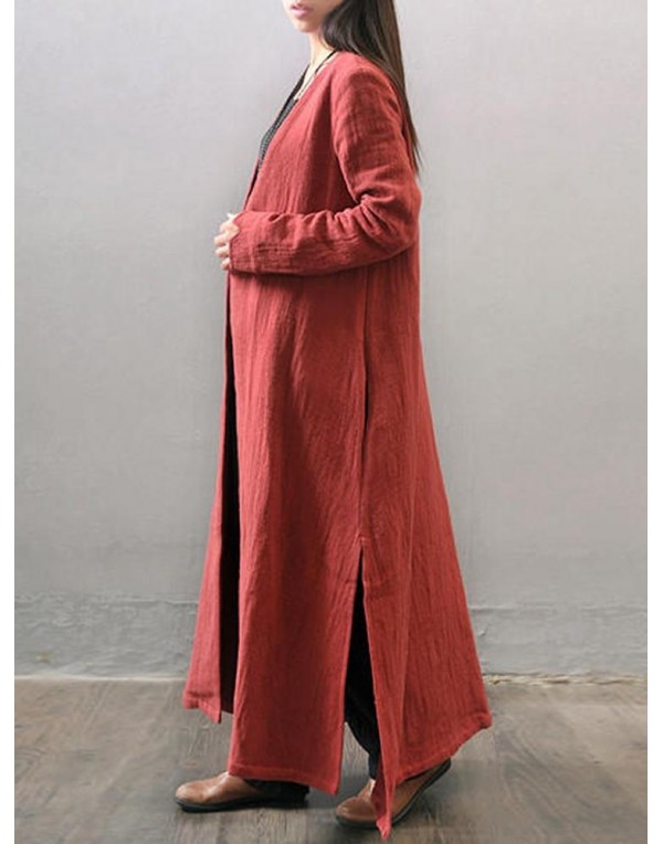 Vintage Women Long Sleeve Button Open Front Outwear Side Split Maxi Coats