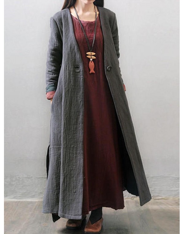 Vintage Women Long Sleeve Button Open Front Outwear Side Split Maxi Coats