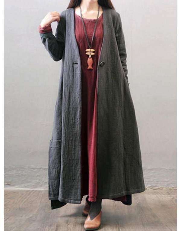 Vintage Women Long Sleeve Button Open Front Outwear Side Split Maxi Coats