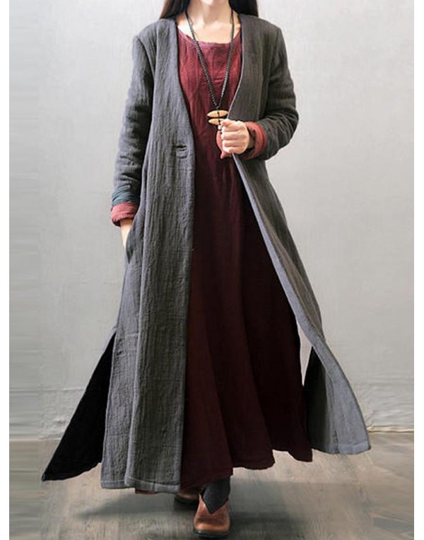 Vintage Women Long Sleeve Button Open Front Outwear Side Split Maxi Coats